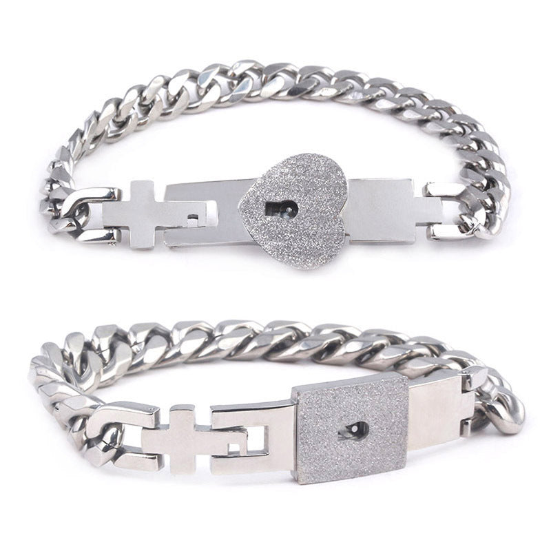 Titanium Sparkling Steel Couple Love Lock Chain Necklace + Bracelet Key Set
