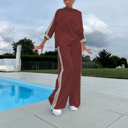 Side Striped Oversized Loose Long Sleeve Sports Shirt + Baggy Sweatpants 2-Piece Set to 3X Plus Size