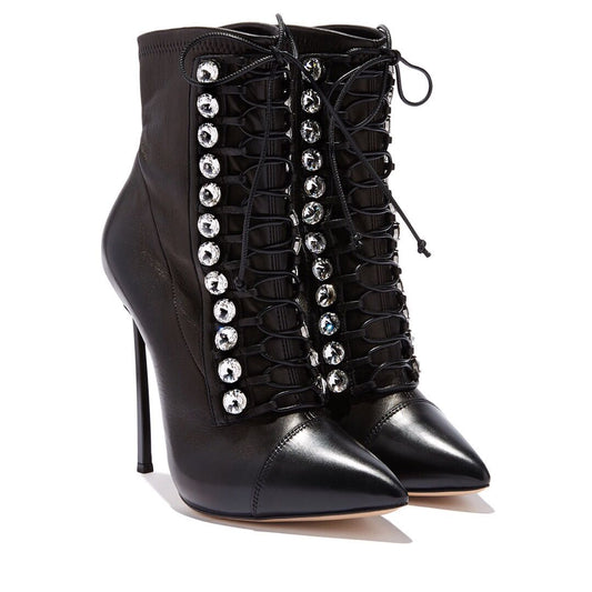 Rhinestone Design Lace-Up Thin Stiletto Heel Strap Drill Ankle Boots