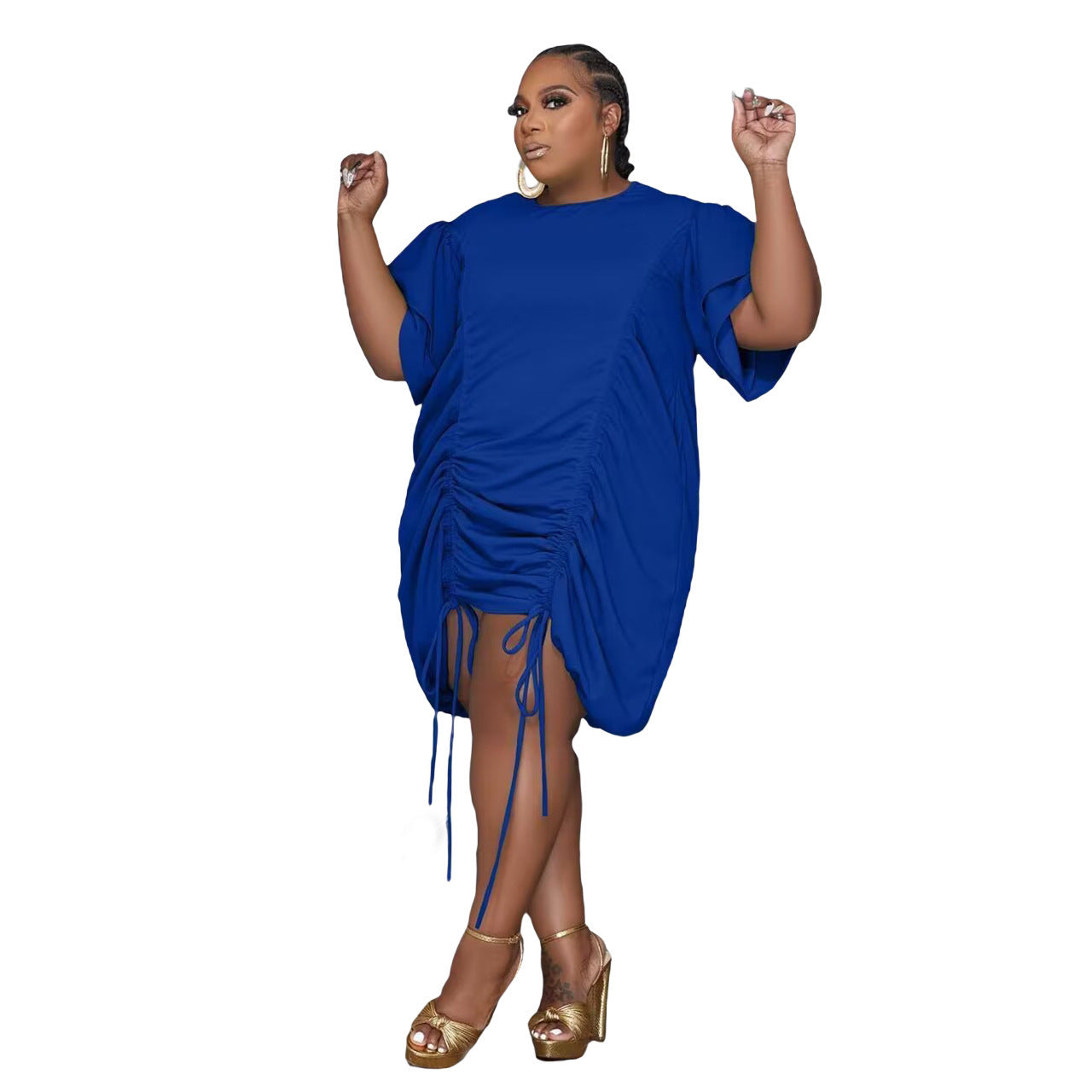 Oversized Ruched Double Short Sleeve Drawstring Midi Dress to 5X Plus Size