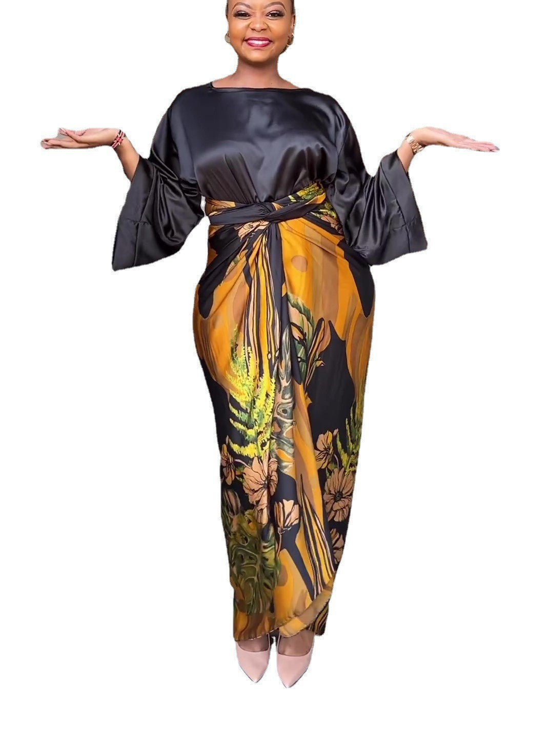 Satin 2-Tone Ruched Colorblock Floral Print Long Sleeve Maxi Dress to 3X Plus Size