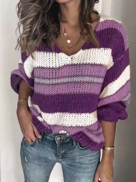 Striped Colorblock Women's V-Neck Long Sleeve Sweaters to 3X Plus Size