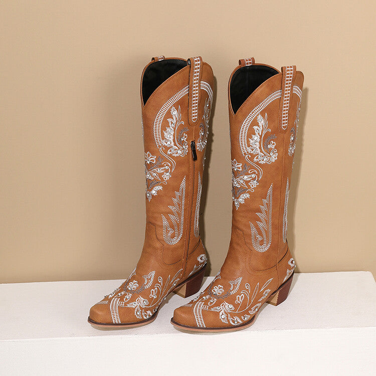 Embroidered Western Denim Retro Women's Knee-High Cowgirl Rodeo Boots