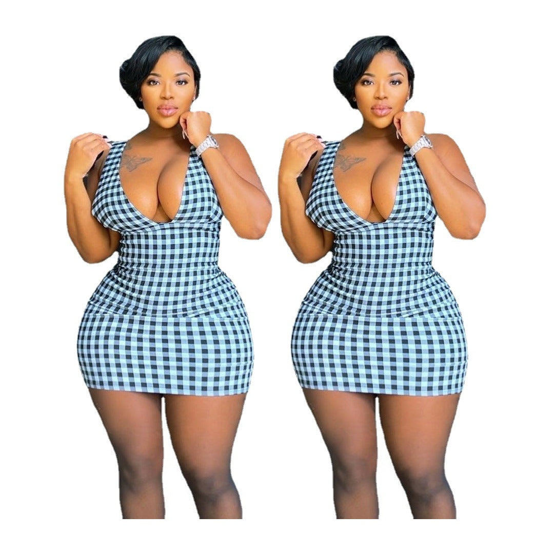 Baby Blue/Black Deep V-Neck Sleeveless Backless Plaid Mini Dress to 4X Plus Size