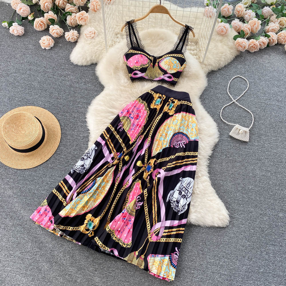 Baroque Lace Stitched Floral Print Crop Tank Top + Pleated Maxi Skirt Women's 2-Piece Set