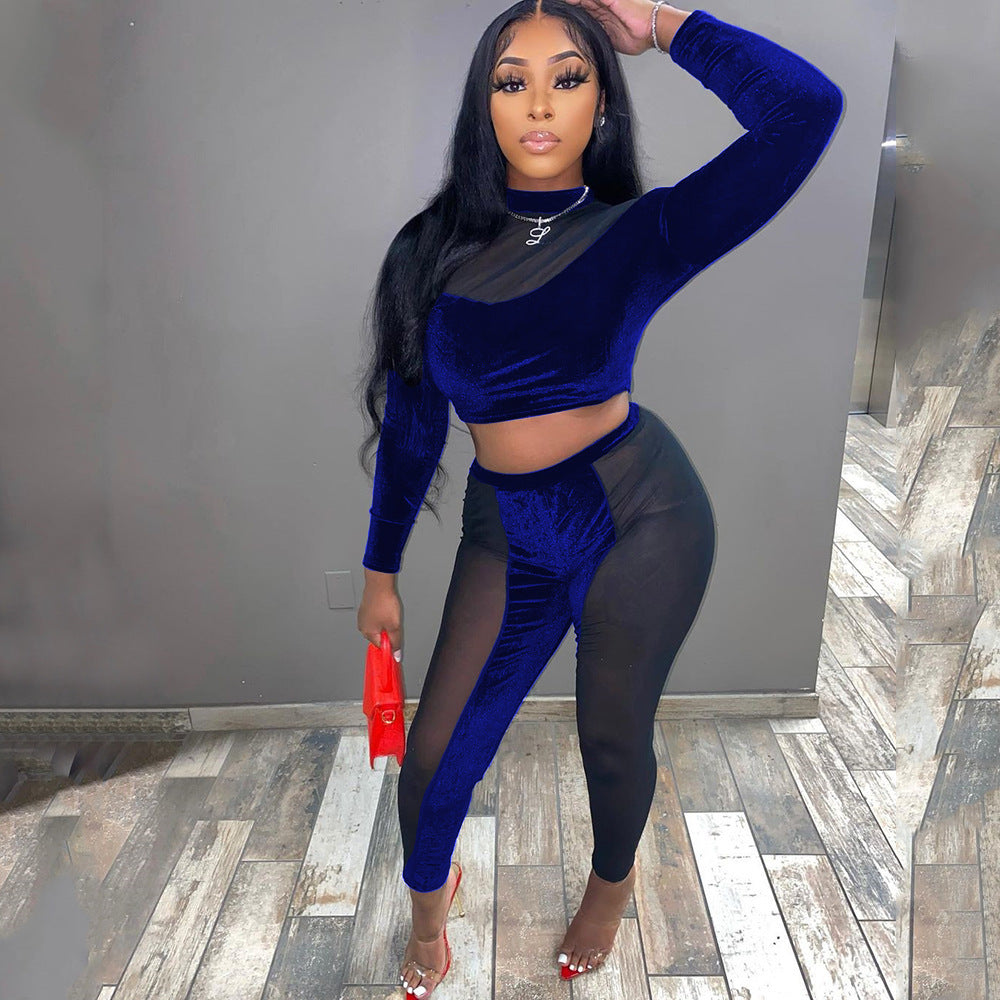 Sheer Transparent Patchwork Long Sleeve Crop Top + Colorblock Skinny Leggings Women's 2-Piece Set