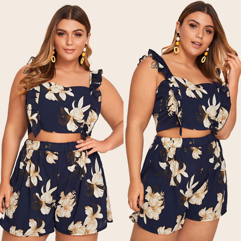 Navy Blue Flower Print Printed Crop Tank Top + Shorts 2-Piece Set to 4X Plus Size