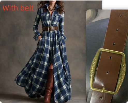Oversized Plaid Print Long Sleeve Pocketed Turn-Down Collar Button-Up Big Swing Maxi Dress to 4X Plus Size