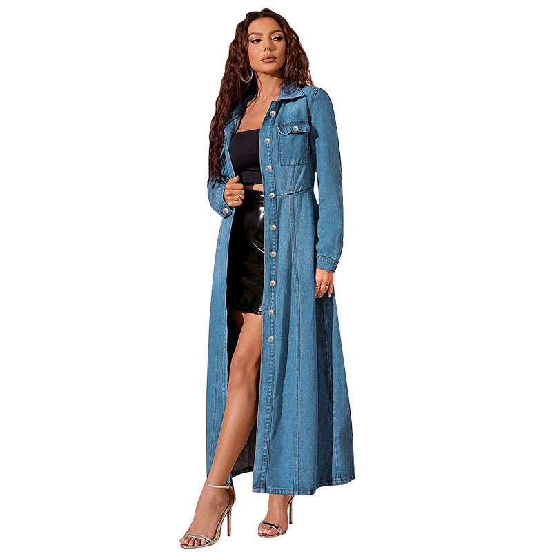 Denim Light Blue/Gradient Dark Blue Turn-Down Collar Button-Up Long Sleeve Maxi Jean Dress