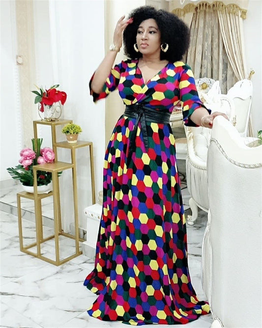 Geometric Multi-Colored Print V-Neck Short Sleeve Sash Belted Maxi Dress