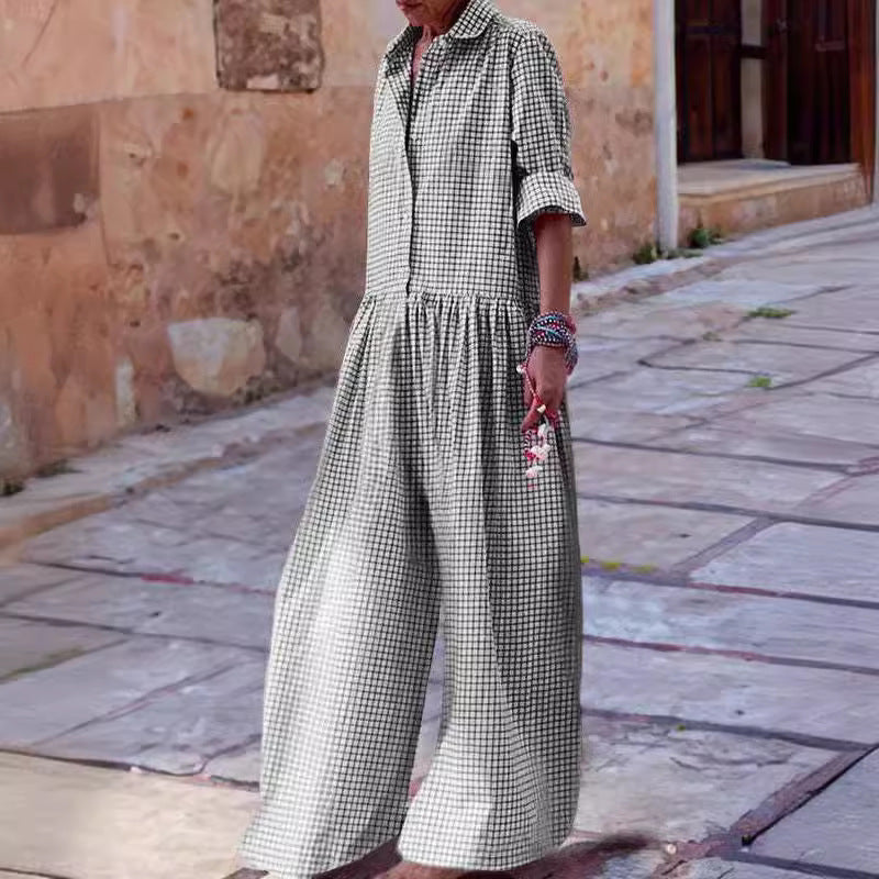 Plaid Print Oversized Turn-Down Collar Long Sleeve Pleated Women's Wide Leg Jumpsuit to 3X Plus Size
