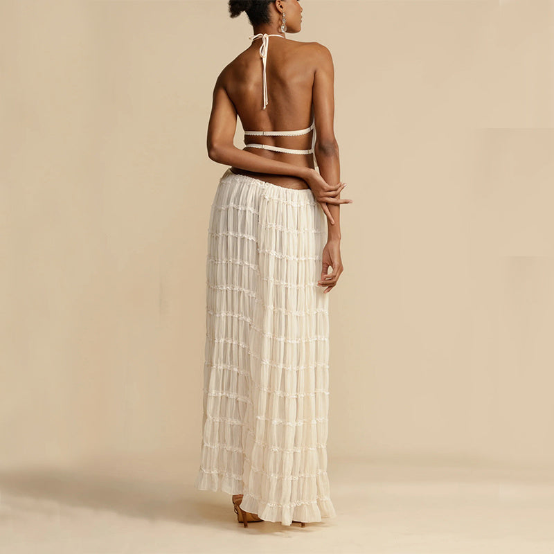 Sleeveless Backless Crop Halter Top + Pleated Tiered Maxi Skirt Beach 2-Piece Set