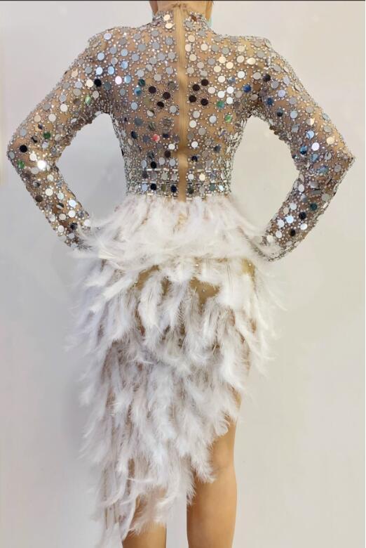 Sparkling Metallic Sequin Design Long Sleeve Feather Embroidered Tutu Skirt Formal Party Dress