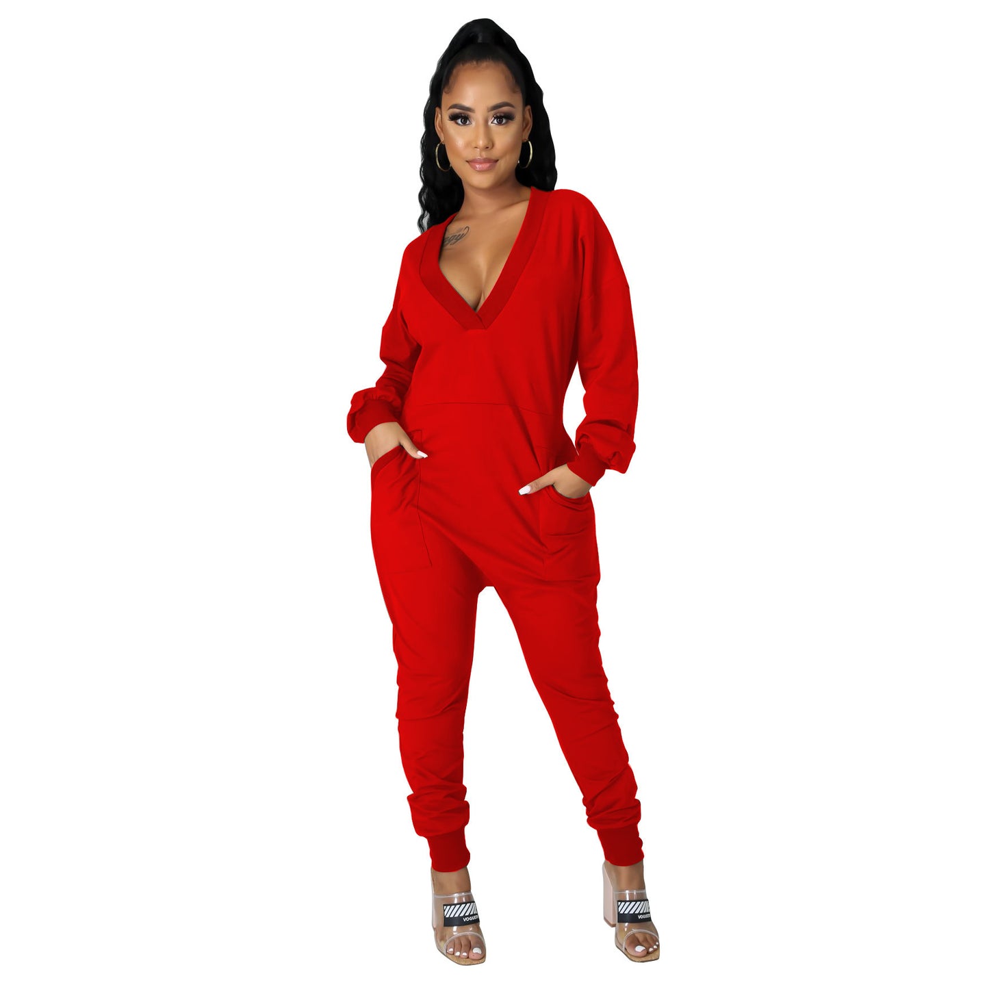 Deep V-Neck Long Sleeve Pocketed Women's Harem Pants Jumpsuit to 3X Plus Size