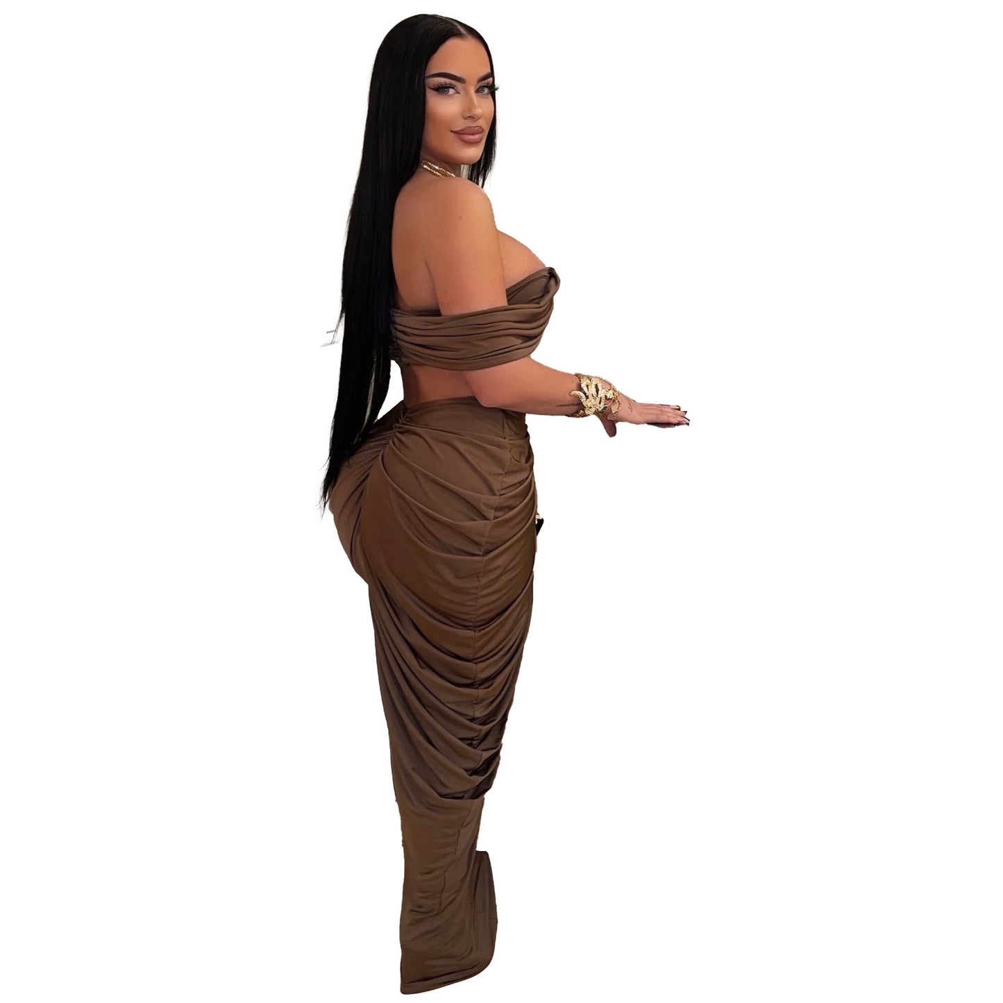 Sleeveless Off-the-Shoulder Crop Tube Top + Ruched Pleated Maxi Skirt 2-Piece Set