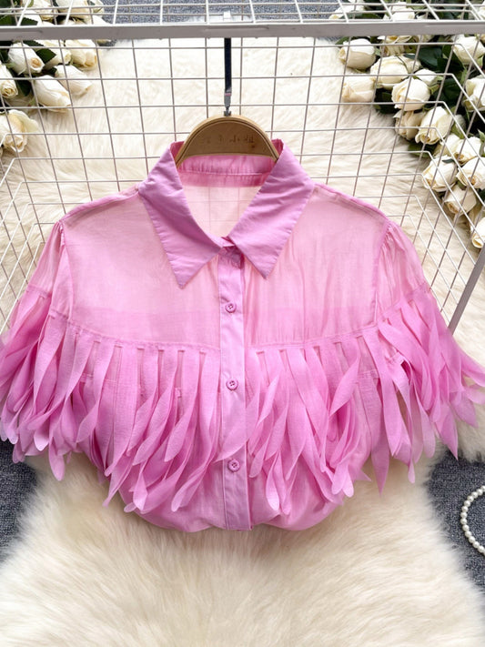 Sheer Tassel Fringe Puffed Short Sleeve Turn-Down Blouse
