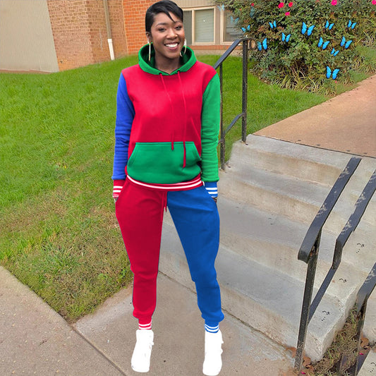 Colorblock Red/Blue/Green Women's Casual Sports Hoodie Sweatshirt + 2-Tone Jogger Sweatpants 2-Piece Tracksuit