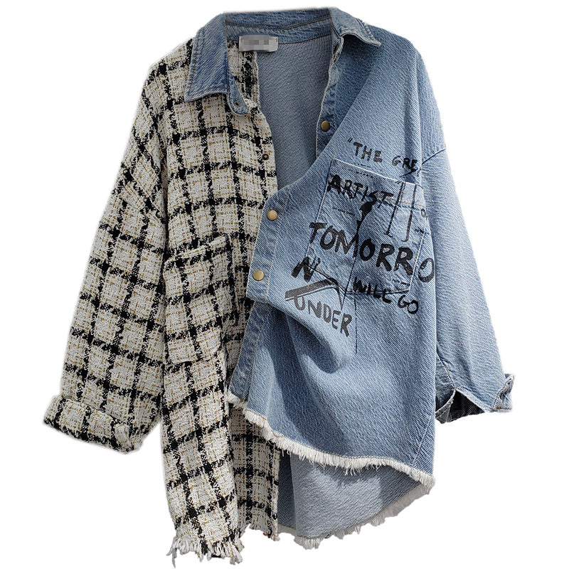 Denim Irregular Plaid Graffiti Print Patchwork Contrast Loose Women's Turn-Down Collar Jean Shirt