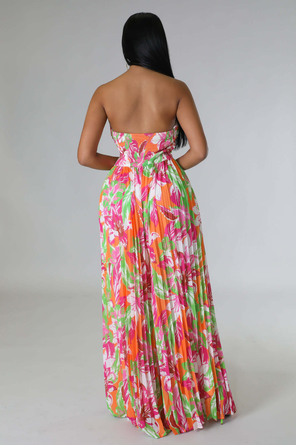 Pleated Sleeveless Tropical Floral Print Women's Hollow-Out Tube Top Wide Leg Pants Jumpsuit