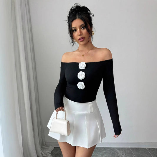 Black Off-the-Shoulder 3D White Floral Embroidered Skinny Long Sleeve Women's Shirt