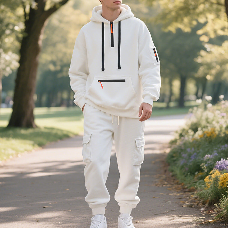 Men's Fleece Lined Zipper Pocket Drawstring Hoodie Sweatshirt + Multi-Pocket Cargo Sweatpants 2-Piece Tracksuit