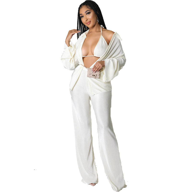 Solid Color Long Sleeve Women's Blouse + Matching Bra + Loose Pants 3-Piece Set to 5X Plus Size