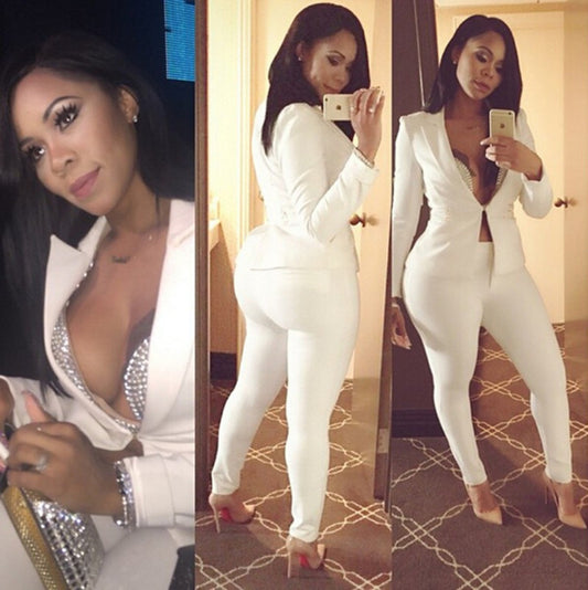 Hollow-Out, Low-Cut Solid Color Women's Blazer Jacket + Skin Tight Pants Suit
