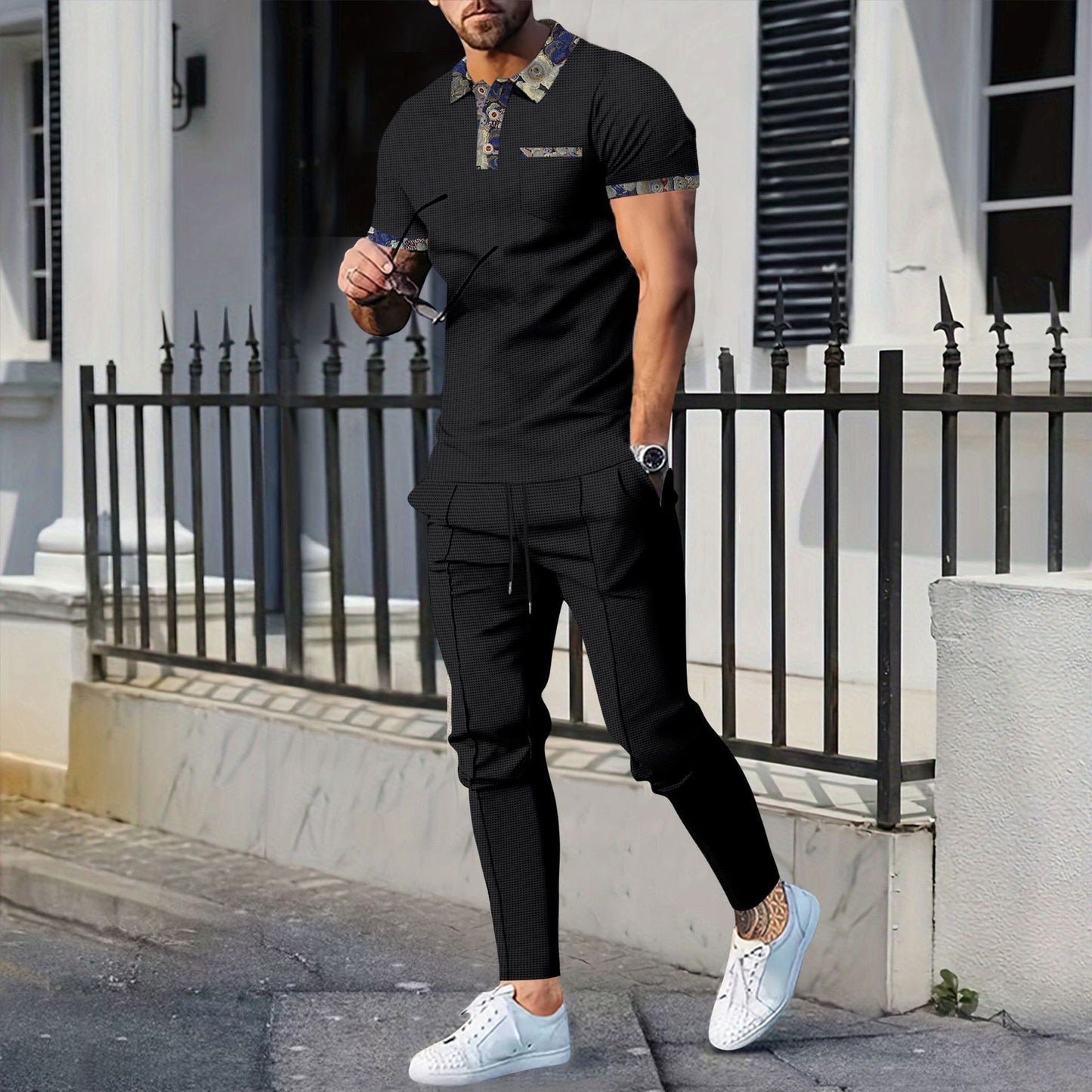 Men's Waffle Pattern Floral Turn-Down Collar Short Sleeve Polo Shirt + Drawstring Pocketed Pants 2-Piece Set