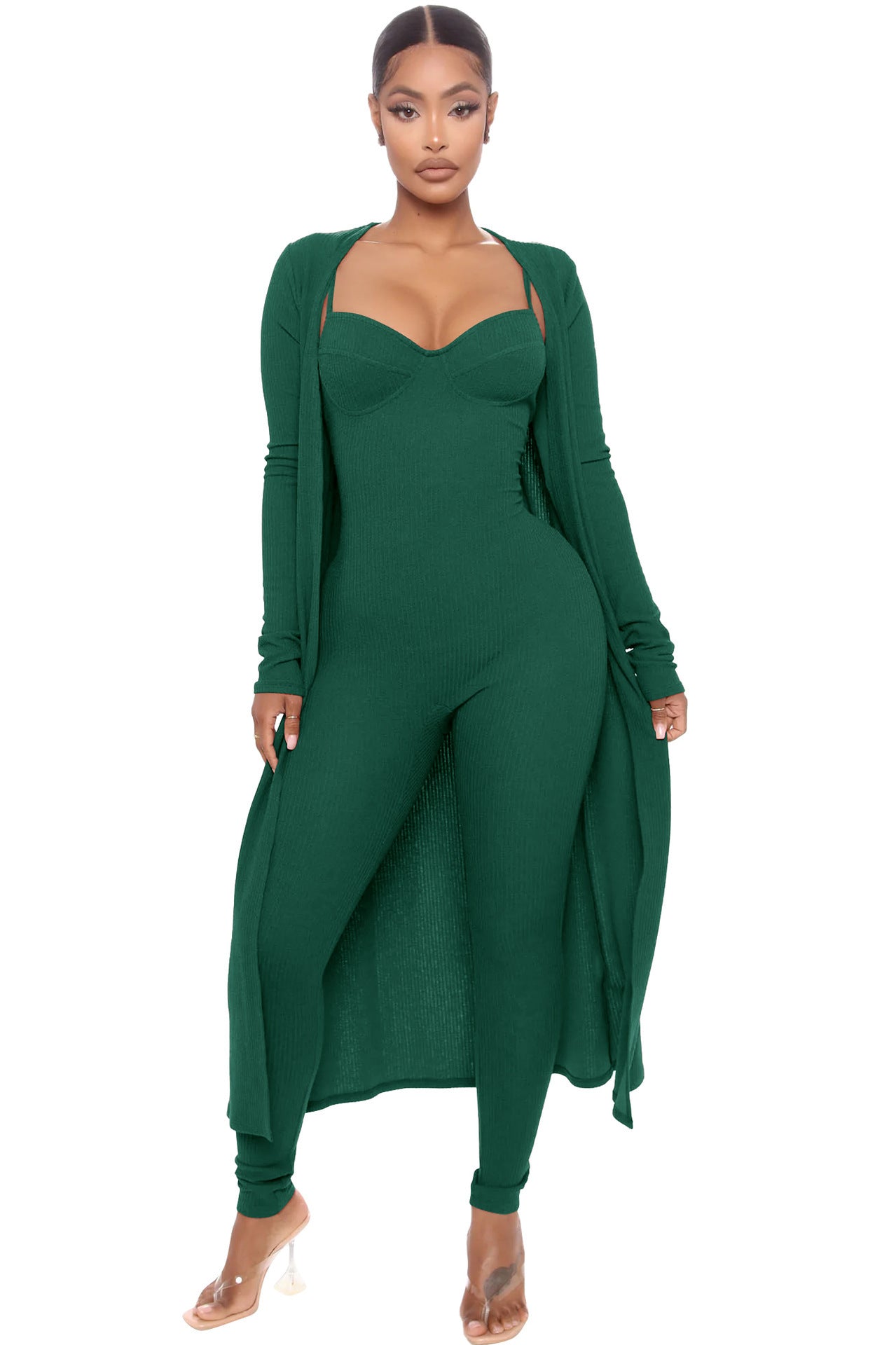 Solid Color Women's Open Maxi Cardigan + Cami Spaghetti Strap V-Neck Jumpsuit 2-Piece Set