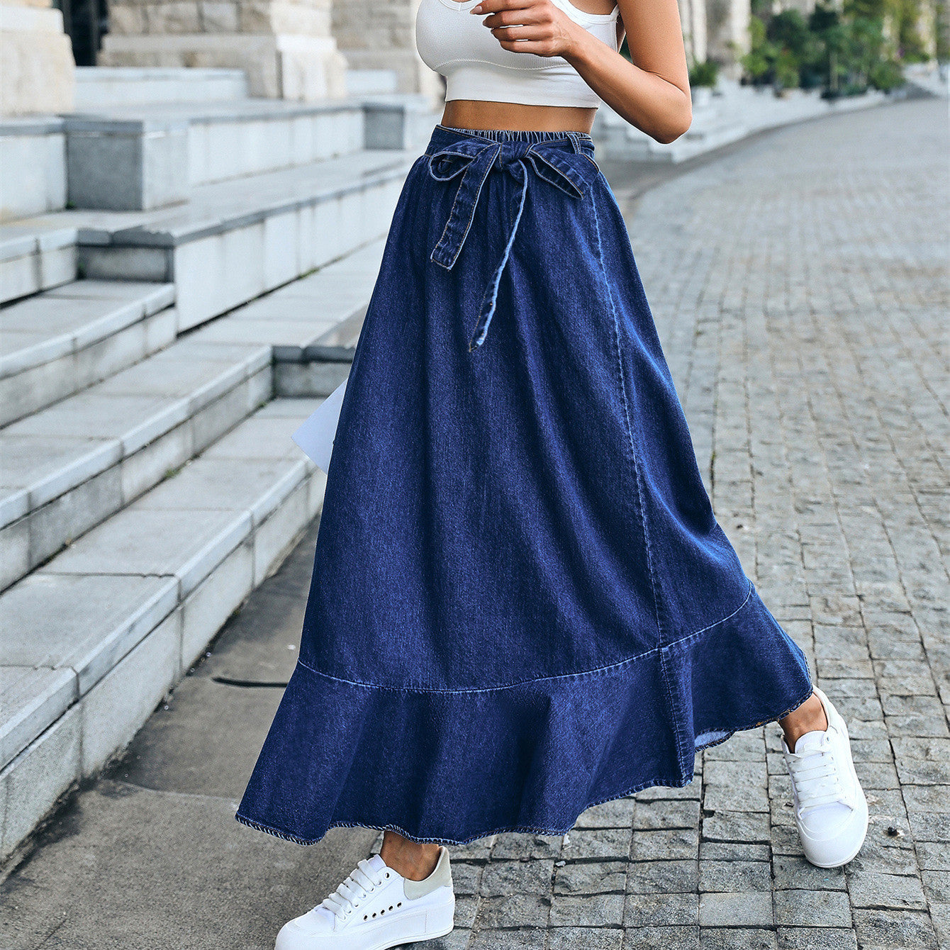 Denim Blue Bowknot Sash Belted Maxi Jean Skirt