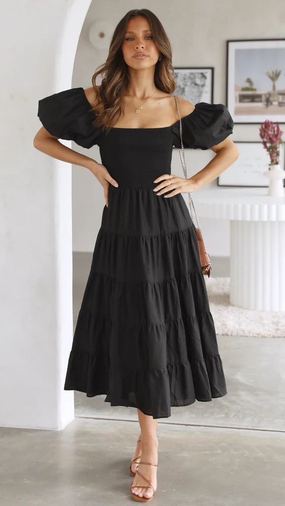 Flower Print Tiered Short Bubble Sleeve High Waist Off-the-Shoulder Bohemian Maxi Dress