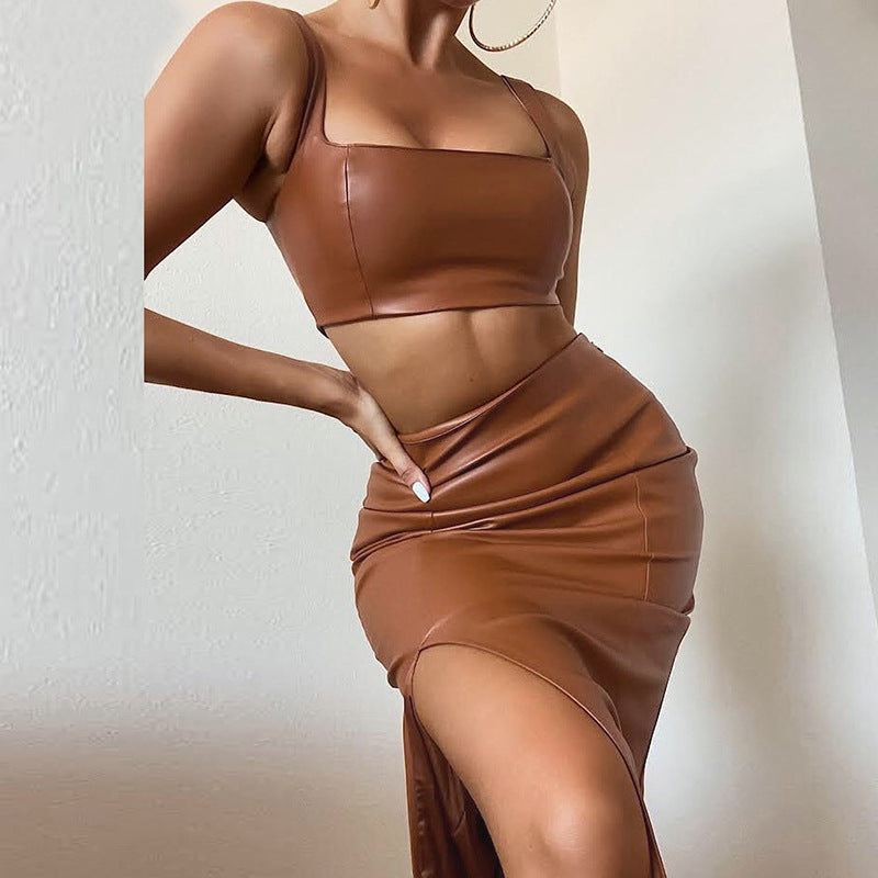 Sleeveless Faux Leather Women's Solid Color Crop Tank Top + High Side Slit Skirt 2-Piece Set