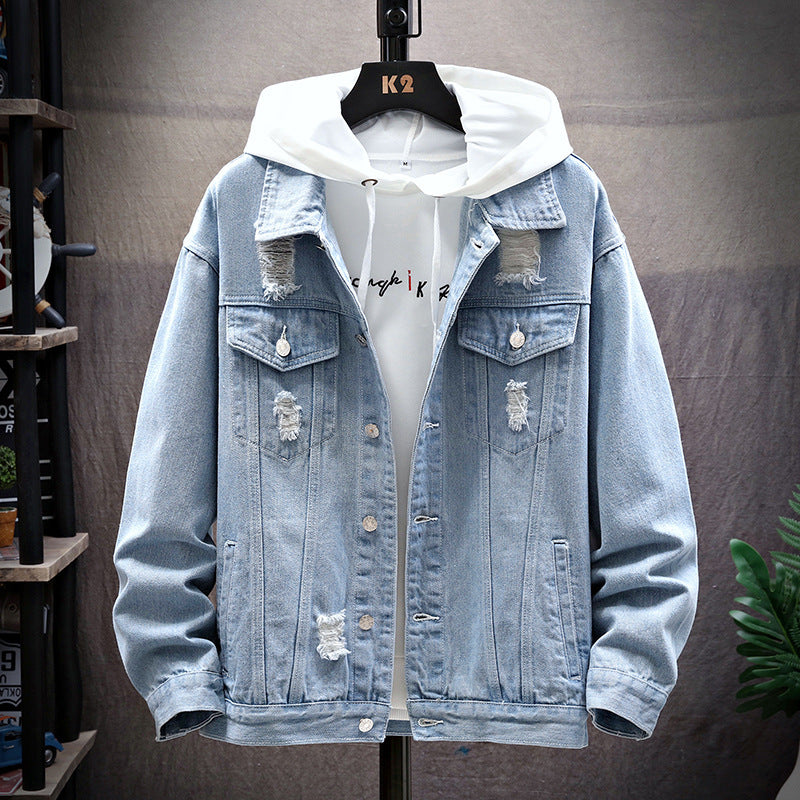 Men's Denim Ripped Gradient/Solid Loose Hip-Hop Button-Up Jean Jacket