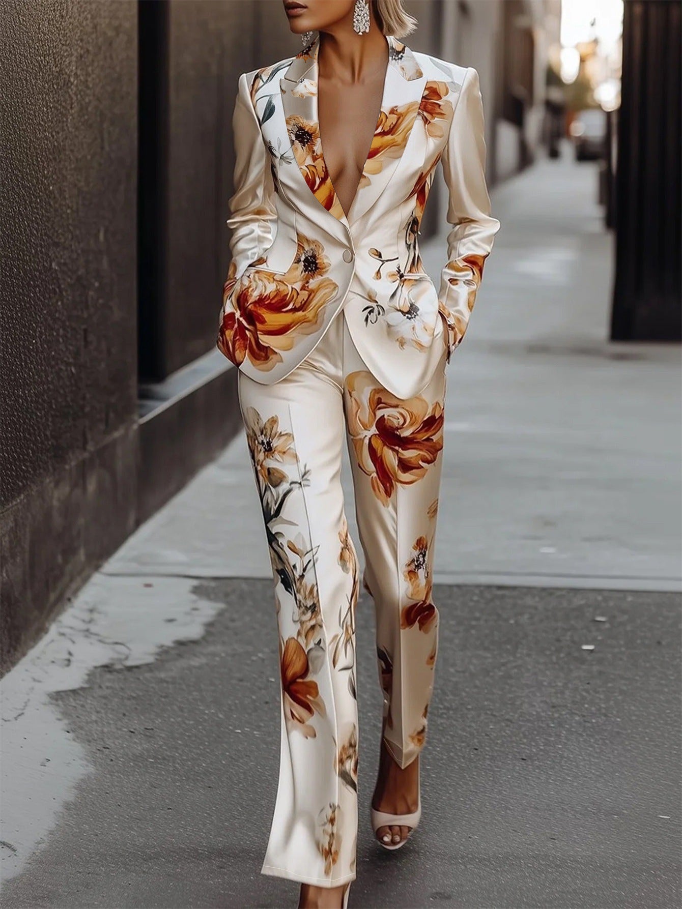 White Satin Flower Print Blazer Jacket + Pants Women's Suit