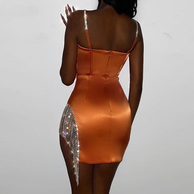 Satin Sleeveless Rhinestone Metallic Tassel Fringe Spaghetti Strap V-Neck Side Slit Formal Mini Party Dress