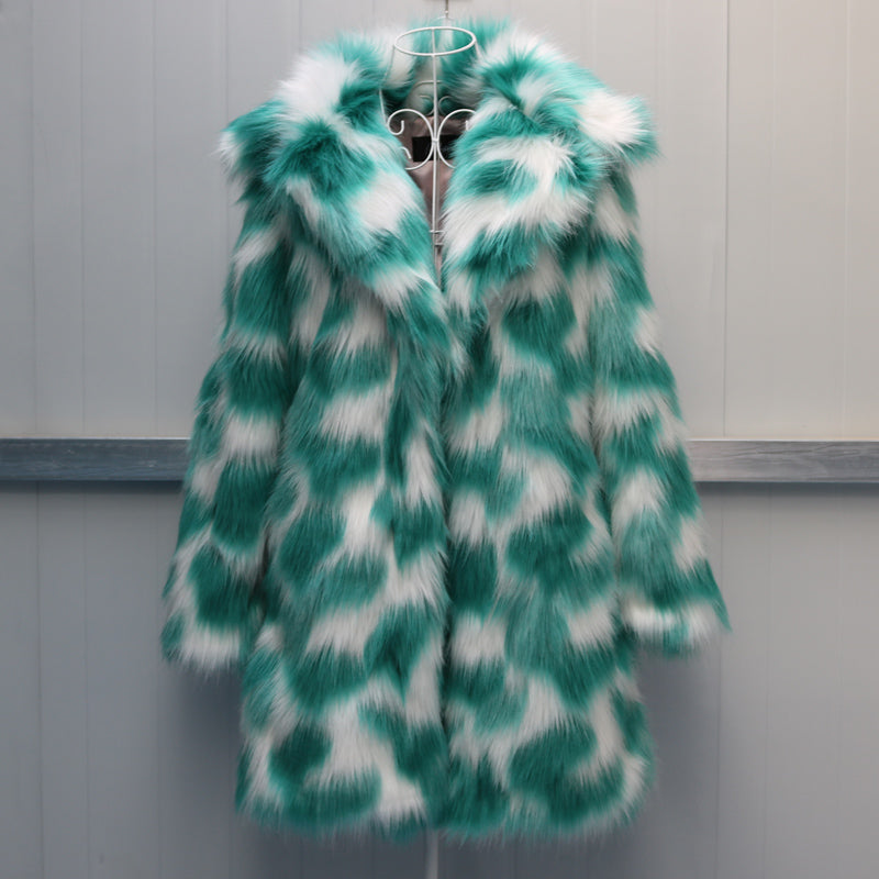 Tie-Dye Faux Fur Pink/Green Women's Turn-Down Collar Streetwear Coat to 6X Plus Size