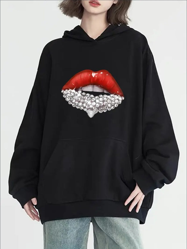 Diamond Red Lip Print Women's Long Sleeve Pocket Hoodie Sweatshirt