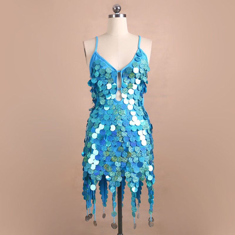 Sleeveless Metallic Sequin Hanging Tassel Design Spaghetti Strap Latin Salsa Dancer Formal Mini Dress