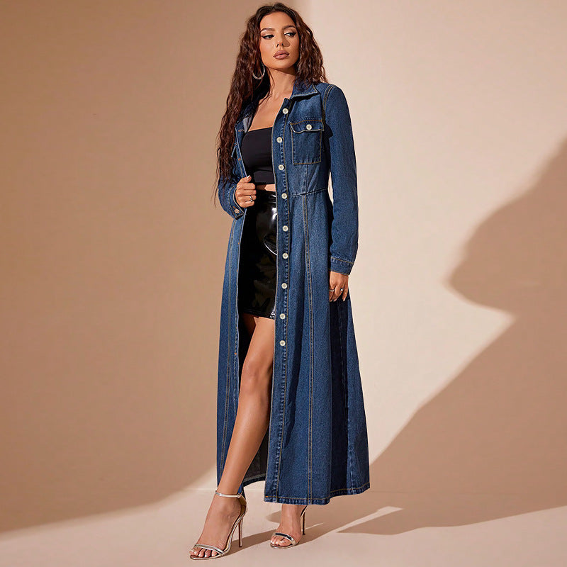 Denim Light Blue/Gradient Dark Blue Turn-Down Collar Button-Up Long Sleeve Maxi Jean Dress