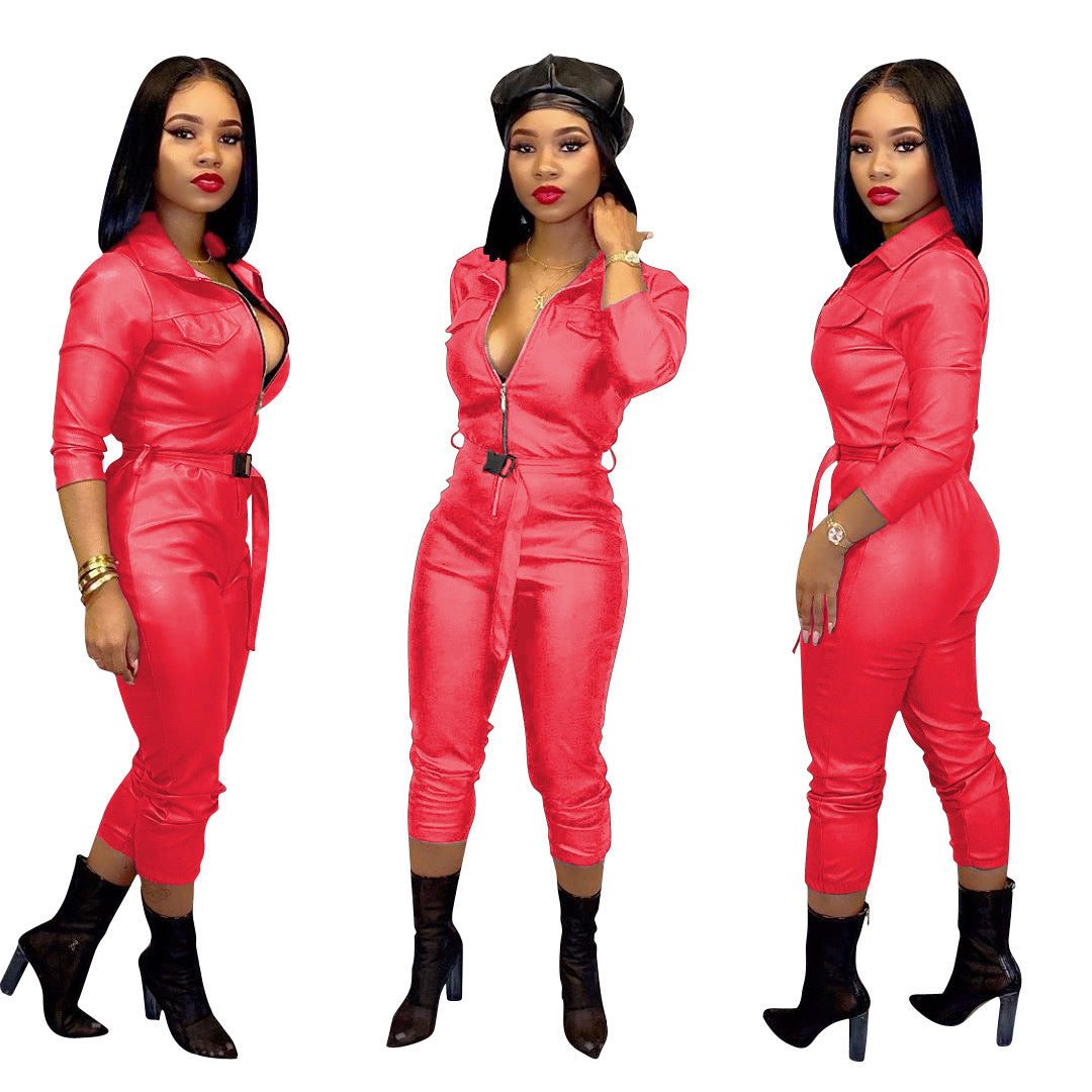 PU Leather Double Pocket Women's Solid Color High Elastic Long Sleeve Turn-Down Collar Zipper Jumpsuit