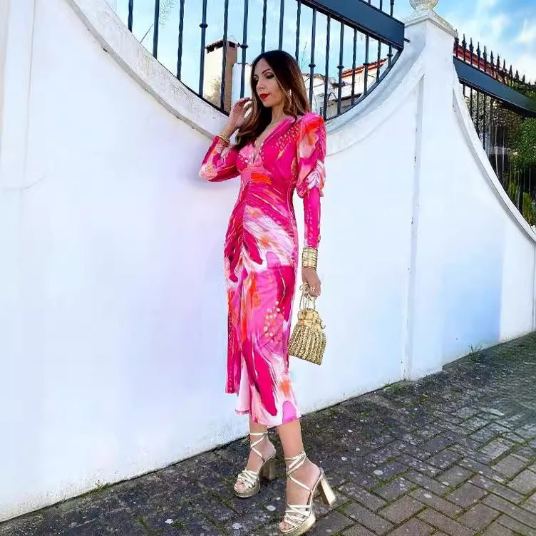 Ruched Pleated Floral Print Deep V-Neck Long Sleeve Maxi Dress