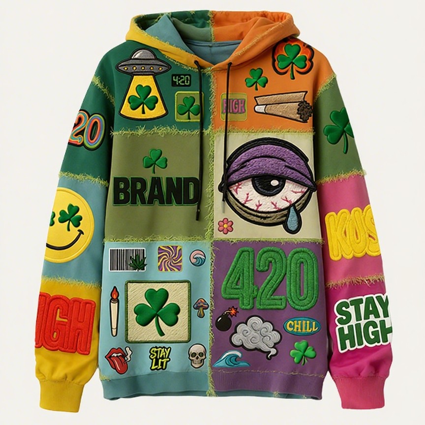 Men's 420 Hip-Hop Clover Evil Eye Graffiti Print Hoodie Sweatshirt to 3X Plus Size