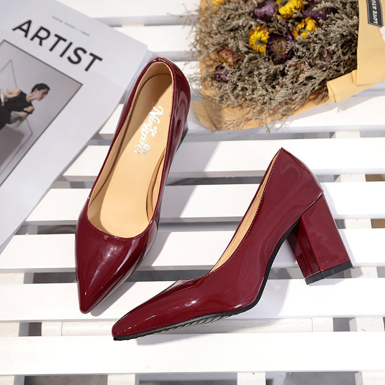 Patent Leather Solid Color Women's Pointed Toe Square Heel Pumps