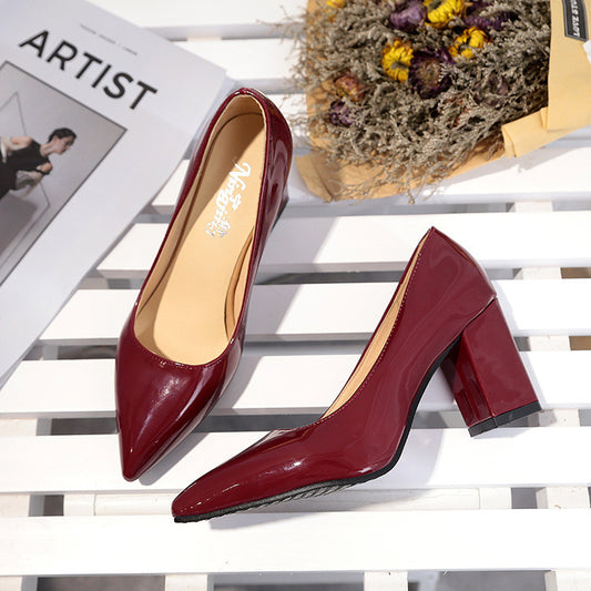Patent Leather Solid Color Women's Pointed Toe Square Heel Pumps