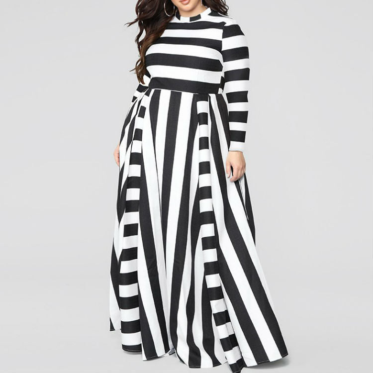 Striped O-Neck Long Sleeve Maxi Dress to 4X Plus Size