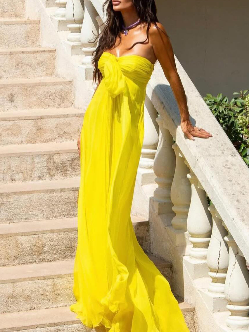 Yellow Sleeveless Strapless Bowknot Maxi Tube Dress