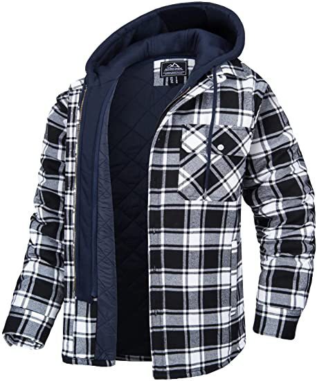 Men's Plaid Pocketed Button Thick Padded Drawstring Layered Zipper Hoodie Jacket