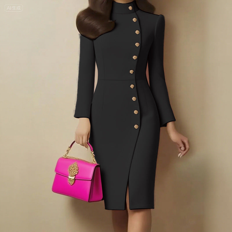 Gold Button Design Long Sleeve Stand Collar Skinny Business Dress