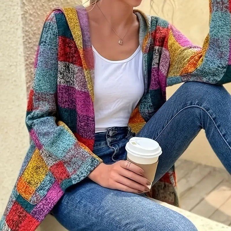 Rainbow Plaid Colorblock Geometric Print Women's 3/4 Length Pocketed Hoodie Coat