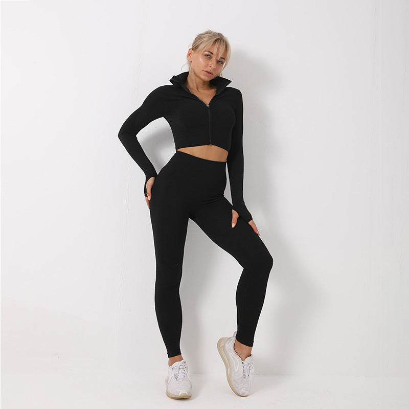 Yoga Gym Colorblock Seamless Sports Bra + Zipper Crop Jacket + Women's Workout Leggings 3-Piece Tracksuit to 4X Plus Size